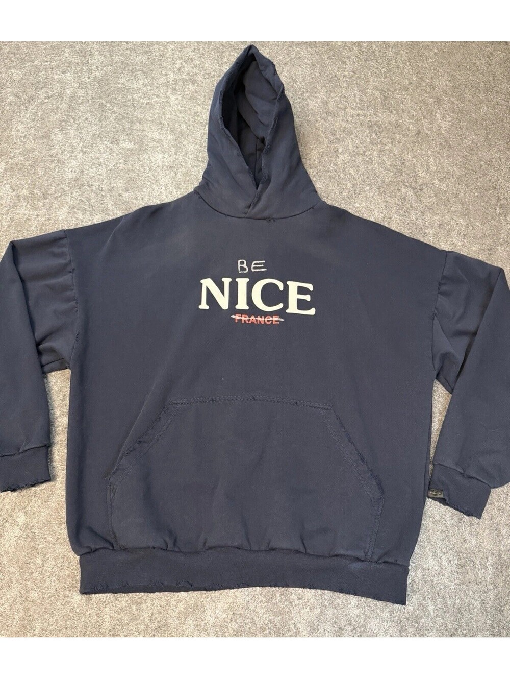 Balenciaga Be Nice France Distressed Hoodie Navy Blue Unisex Size 3 761458